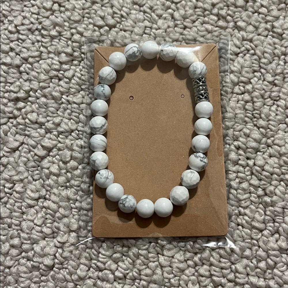 White Beaded Bracelet with Silver Accent